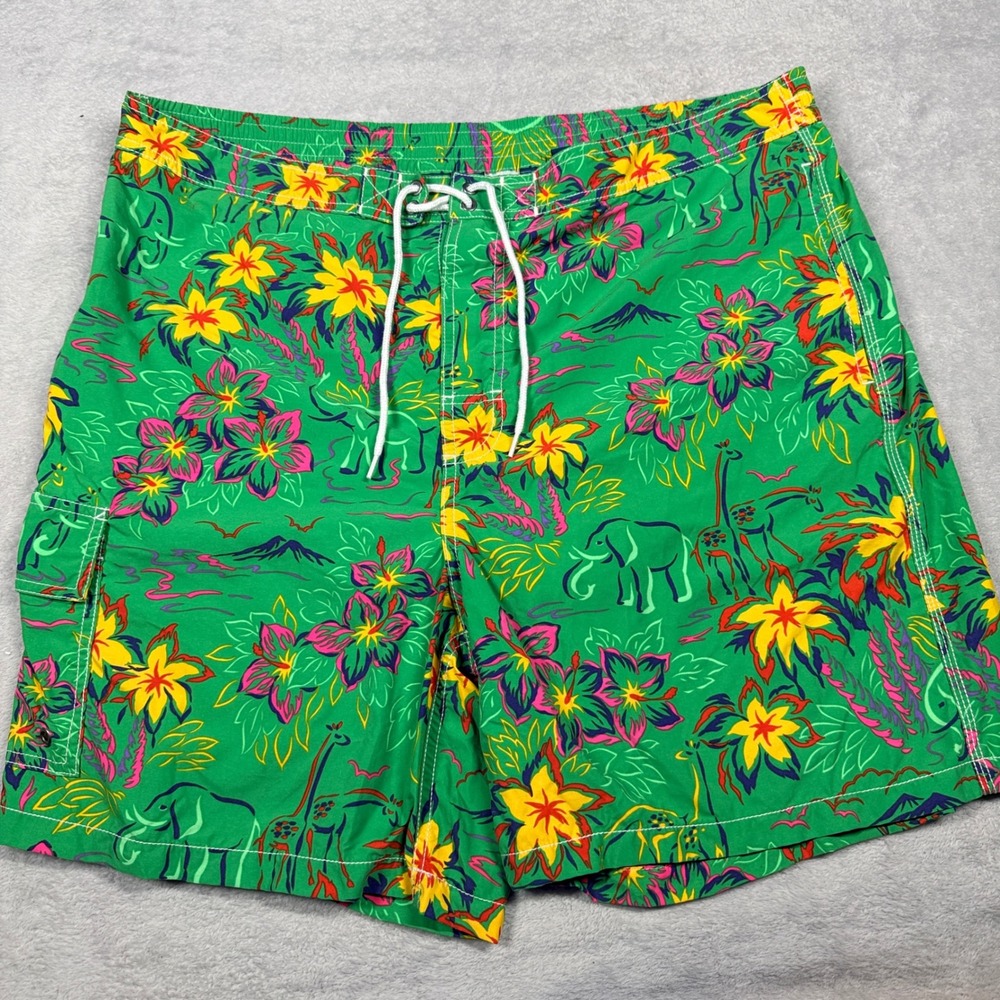 Polo Ralph Lauren Swim Trunks Mens XXL Green Tropical Safari Elephant Hibiscus